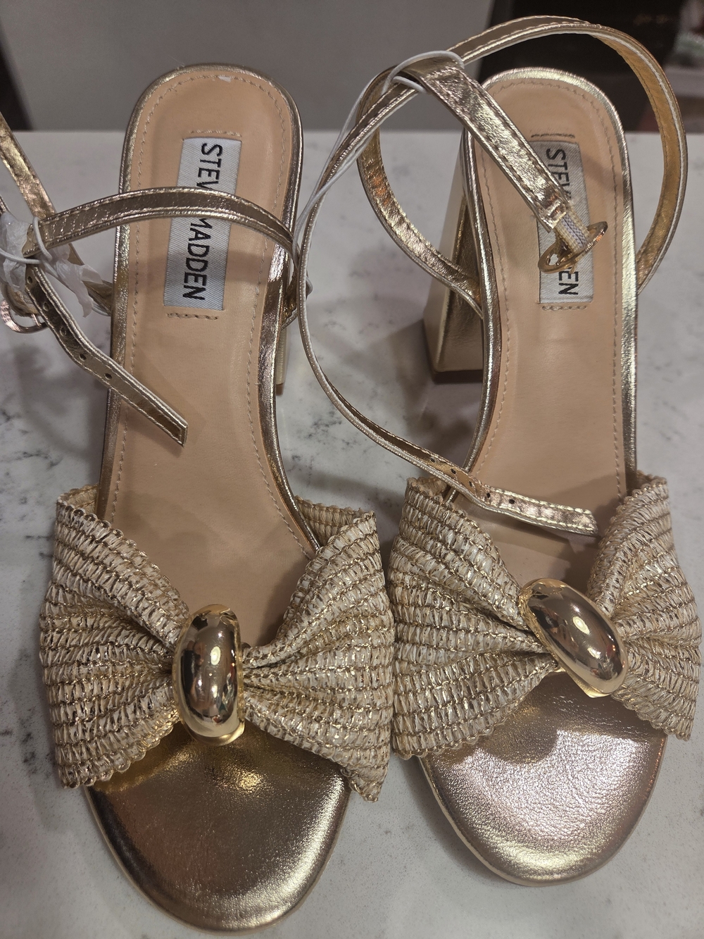 Steve Madden Metallic Gold Bow Block Heel Sandals